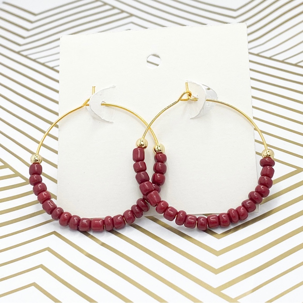 Gold earrings maroon beaded hoops